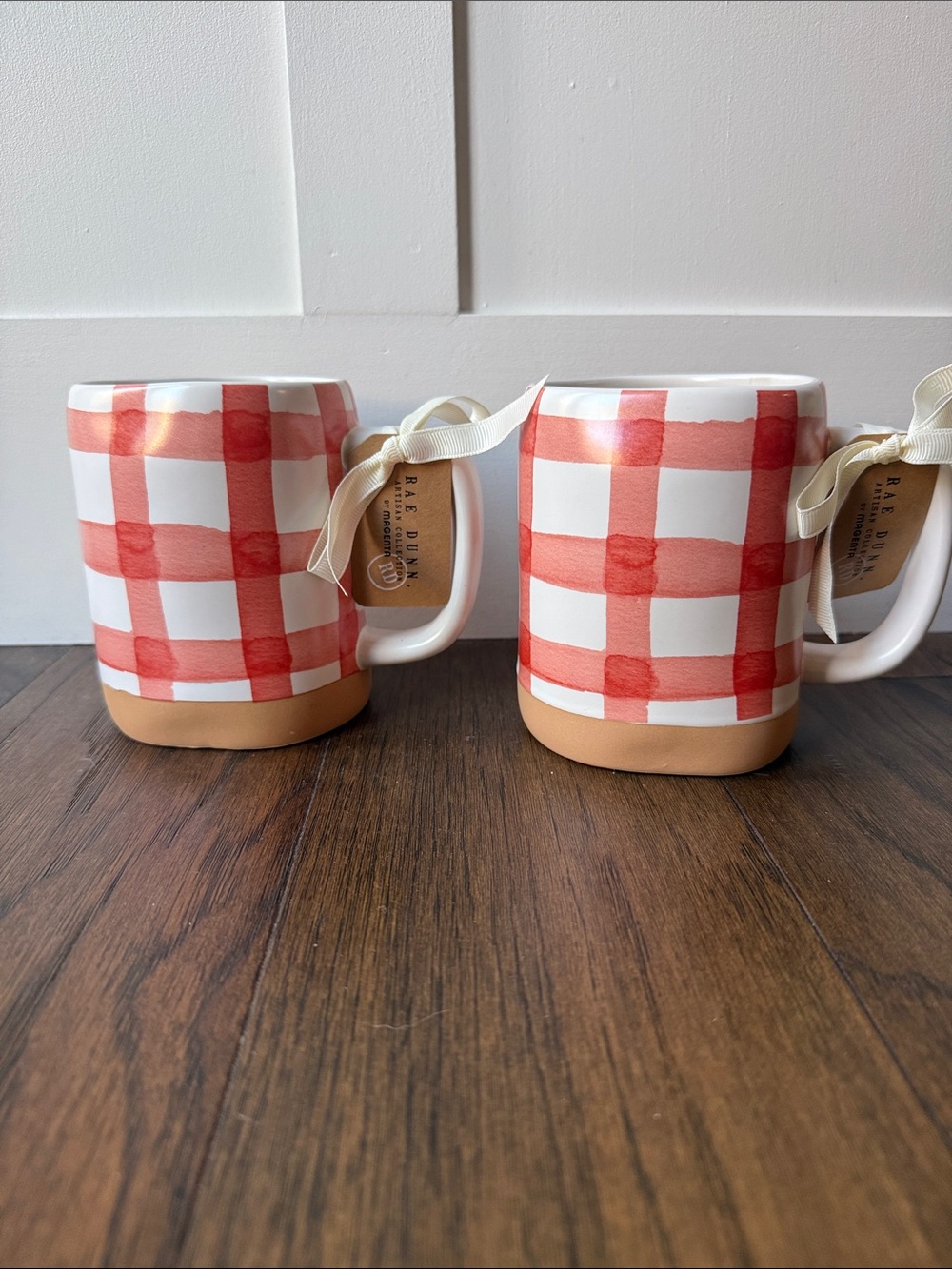 NWT Rae Dunn Burnt Orange/Red & White Gingham Plaid Mugs - Set of 2